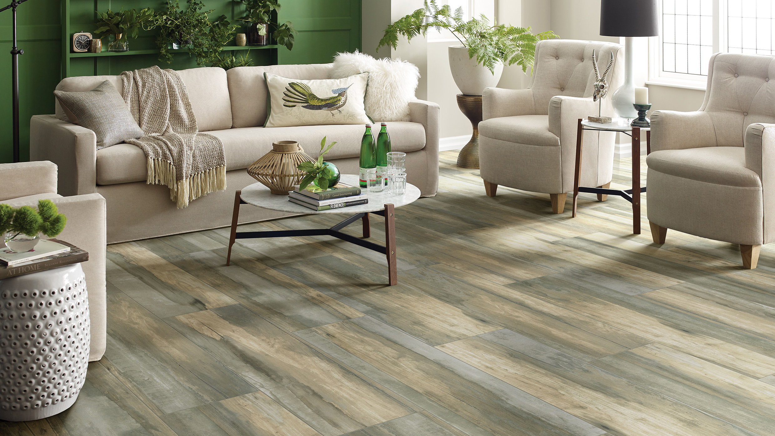 Wood-look tile flooring in a living room, installation services available.
